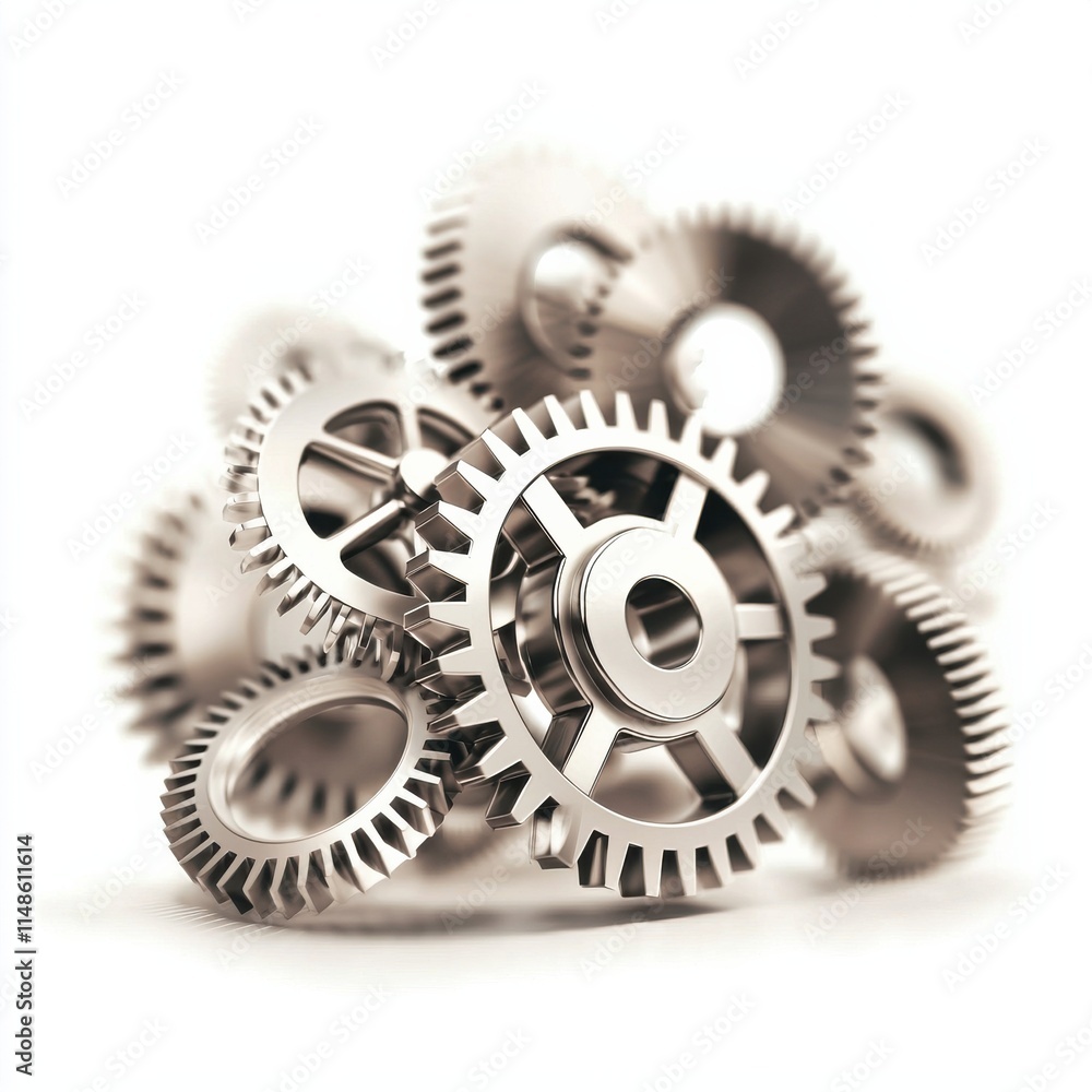 Poster a close-up of metallic gears stacked together, showcasing intricate details and varying sizes, symbo