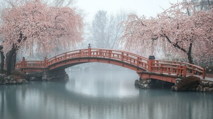 Misty morning, red bridge, cherry blossoms reflected in calm water.