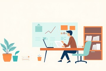 Focused on the Task: A young professional sits at their desk, diligently reviewing documents and analyzing charts, showcasing the commitment and dedication needed for success.  