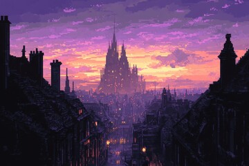 Naklejka premium Pixelated Cityscape at Sunset with a Grand Cathedral