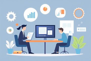 Business Meeting:  Two colleagues collaborate at a desk, reviewing data and discussing strategies, surrounded by charts and graphs. The illustration depicts a professional and productive environment.