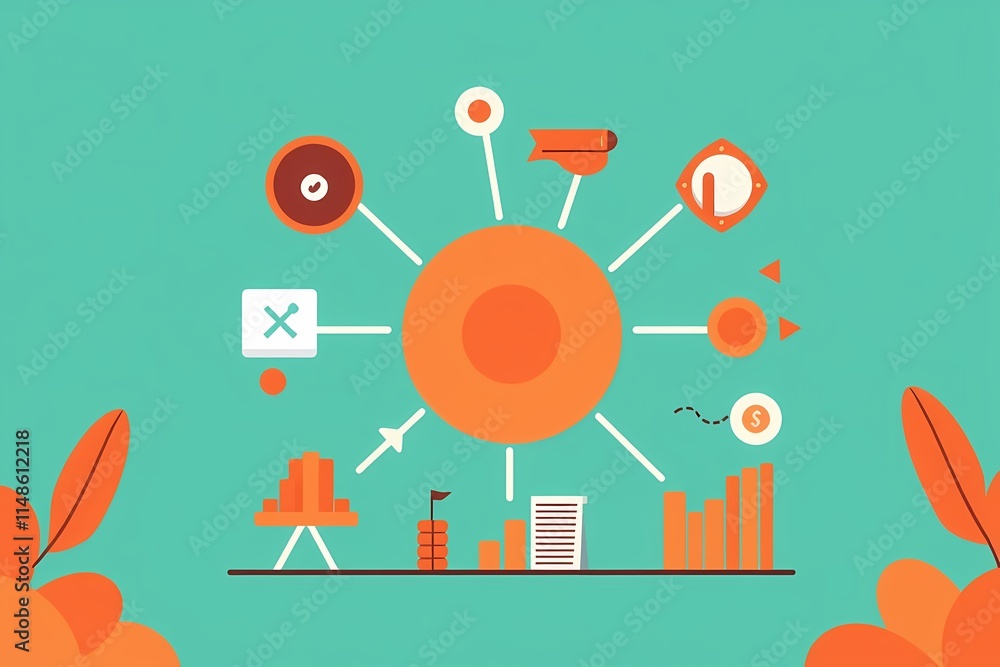 Poster centralized network hub: a vibrant illustration depicting a central hub connected to various nodes r