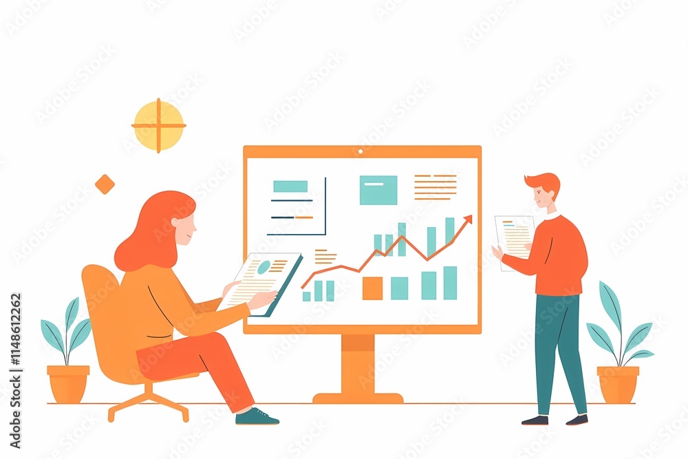 Aufkleber data driven collaboration: a dynamic duo of business professionals analyze and discuss a data-filled