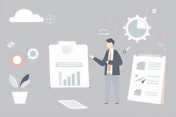 Obraz premium Strategic Presentation: A businessman confidently presents a business plan, showcasing key performance indicators and strategies. The illustration emphasizes planning, execution.