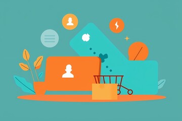 Online Shopping Experience: A vibrant, abstract illustration depicting the seamless flow of online shopping, from browsing and adding to cart to secure payment.