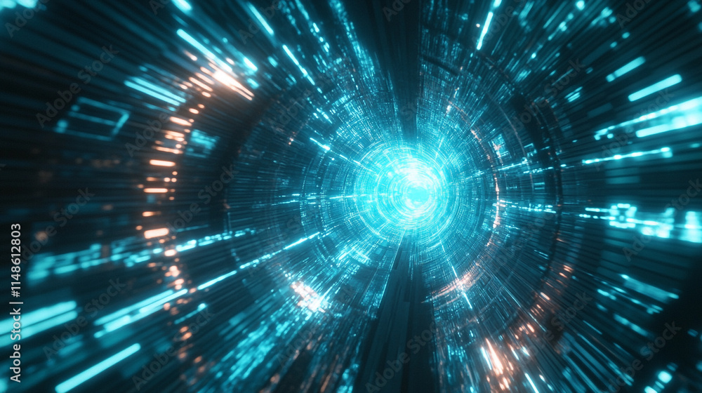 Poster visual representation of light speed travel through a digital tunnel.