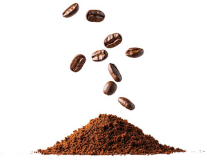 Pile of ground coffe and falling beans isolated on white background