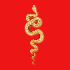 Tattoo gold snake on a red background. Traditional black dot style ink. Traditional Tattoo Old School Tattooing Style Ink. Snake silhouette illustration. 