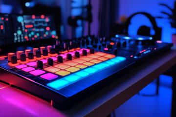 Closeup of a DJ controller under the neon lights in a studio.