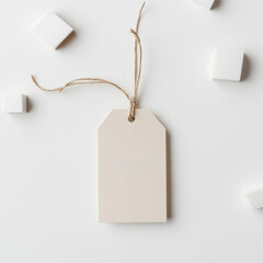 Blank beige price tag tied with twine hangs on white background. Simple design. Suitable for small business promotion. Great for showcasing discounts and offers.