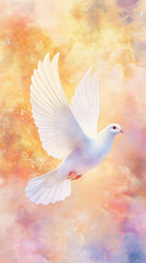 Watercolor background with white dove flying over golden gradient sky, Theophany