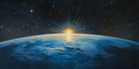 earth in space, a radiant blue sunrise over Earth, the curved horizon of the planet, glistening reflections on an icy surface, star-studded space, and beams of light emanating from the sunrise.