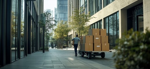 A person transporting boxes on a cart in an urban setting.