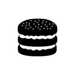 A simple black silhouette of a two-layered dessert with cream filling.