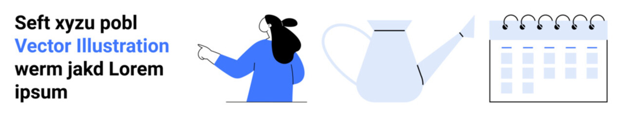 Woman pointing towards text beside a watering can and calendar with spiral binding. Ideal for gardening tips, scheduling, newsletters, productivity hacks, educational content, seasonal planning, blog