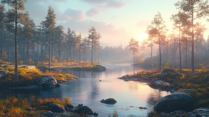 Misty sunrise over tranquil pine forest river.