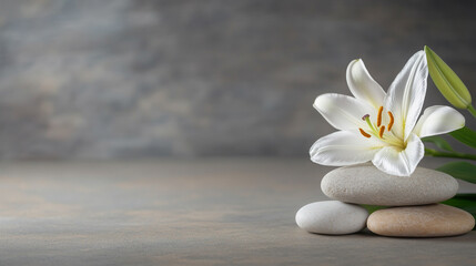 A serene white lily resting on smooth stones, symbolizing purity and tranquility.