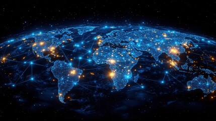 Obraz premium A photostock-style background image with a technology theme,. The color scheme is dominated by shades of blue and black, creating a sleek and modern look.