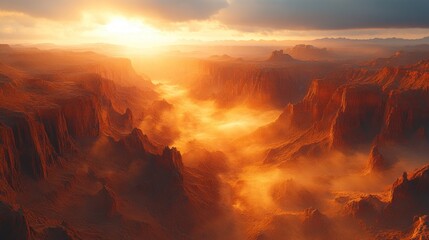 A breathtaking sunset over a vast, rugged canyon landscape filled with mist and warm colors.