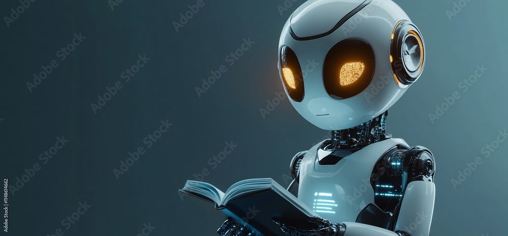 Poster a robot reading a book, symbolizing knowledge and technology.