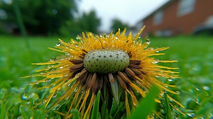 Dew-Kissed Dandelion Seed Head in Vibrant Green Grass