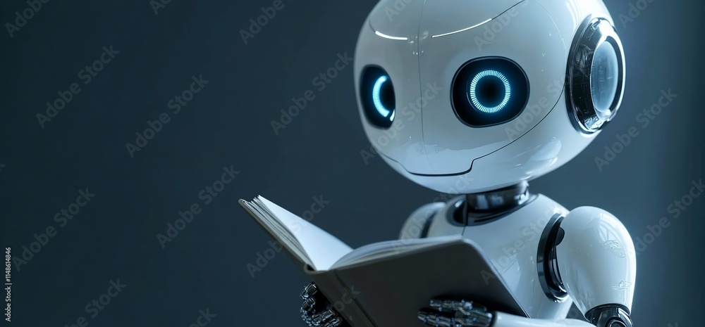 Aufkleber a robot with glowing eyes reading a book, symbolizing knowledge and learning.