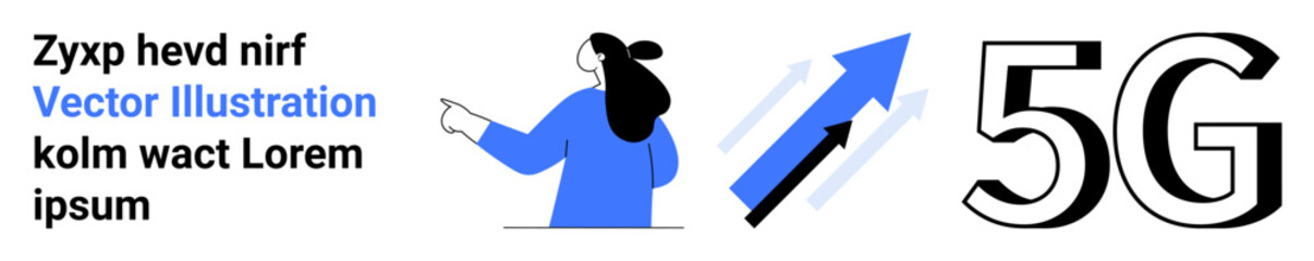 Woman in blue pointing towards large blue upward arrow and bold 5G text. Ideal for tech, growth strategies, telecommunications, business expansion, innovation, marketing campaigns, digital