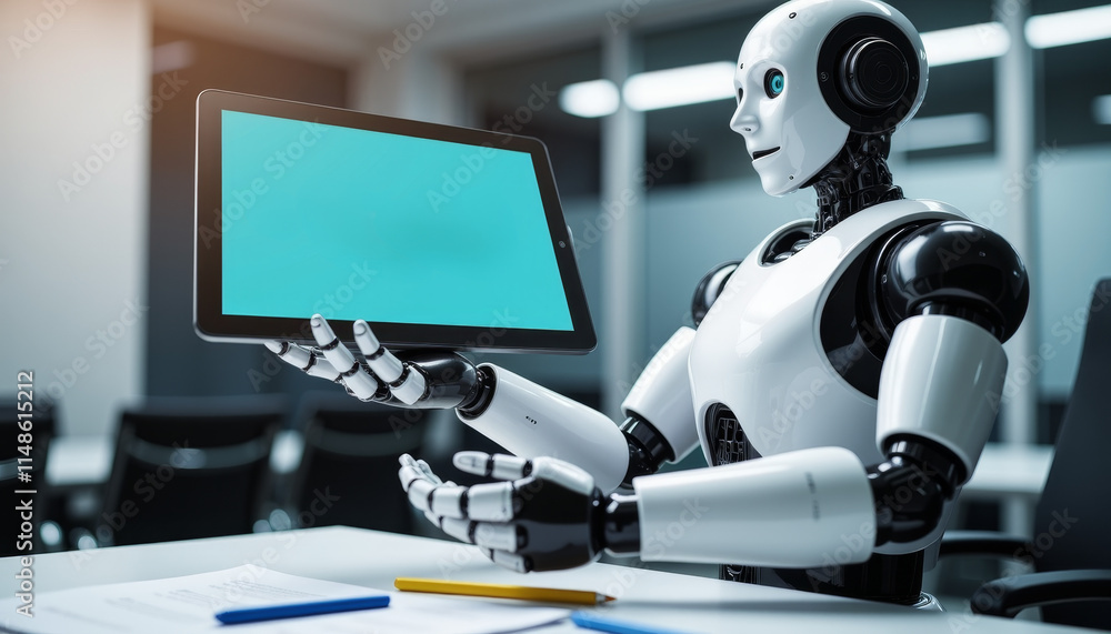 Poster robotic assistant showcasing advanced technology in a modern office setting during a productive work