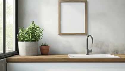 Close-Up Of A Kitchen Sink And Wooden Countertop With Flower Pot, Framed Vertical Poster Above. Rendered, Mocked-Up Visualization Of Interior Design.