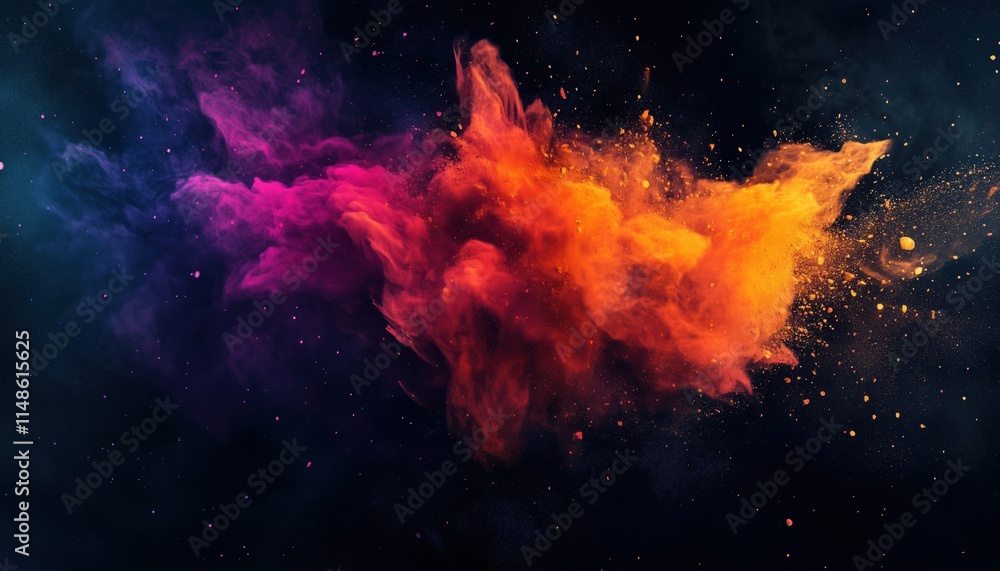 Poster capturing the spectacle: slow motion of an ed dust explosion against a black background for maximum 