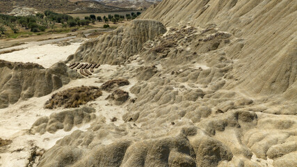 Aerial view of badlands terrains.