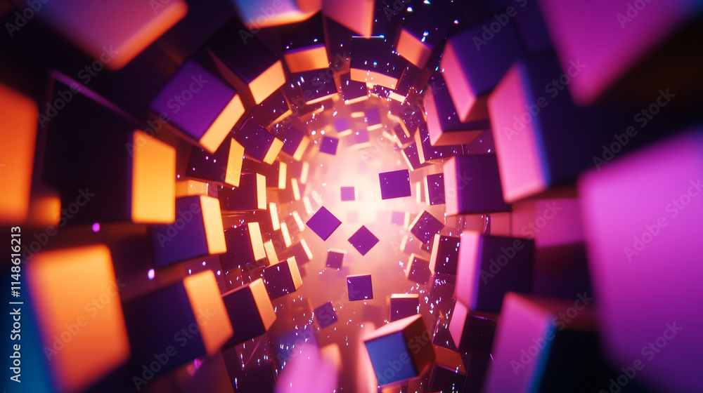 Poster colorful cubes swirl in a dynamic vortex of light and motion.