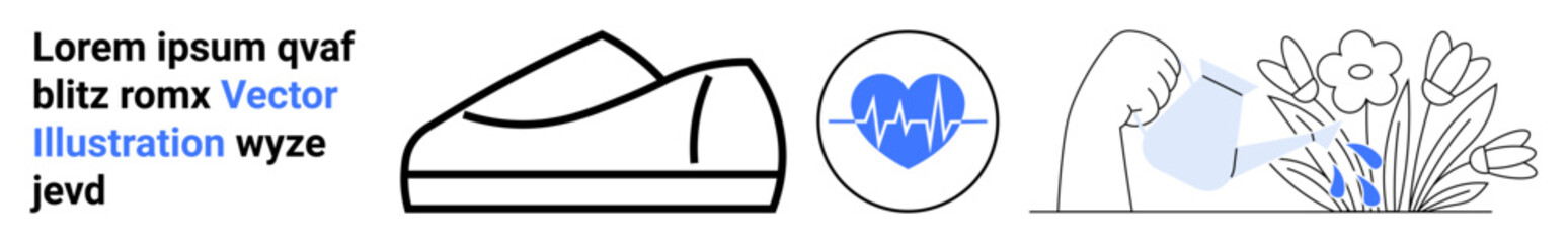 Shoe outline, heartbeat symbol, flexing arm releasing drop, flowers in vase. Ideal for health, fitness, wellness, environment, strength, nature, minimalism. Landing page