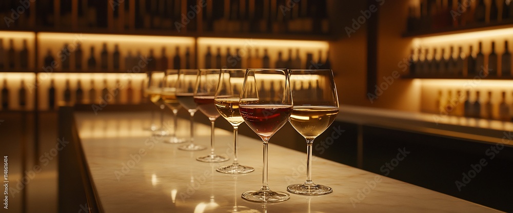 Poster a row of elegant wine glasses showcasing various types of wine in a bar setting.