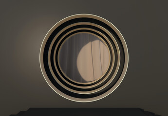Abstract dark geometric background with curtain; simple round design with golden edges; luxury circular minimalist wall niche mockup; blank space; art deco display; 3d rendering, 3d illustration	