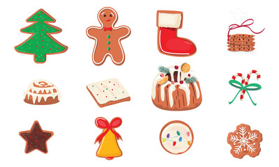 Winter Holiday treats including candy canes, chocolate cookies, and gingerbread in star, bell, tree shapes. Christmas baking