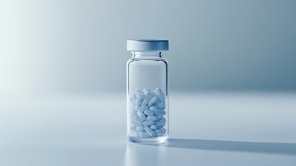 Clear glass vial containing white pills on a minimalist surface, highlighting the concept of medication, health, treatment, and wellness in a contemporary setting.