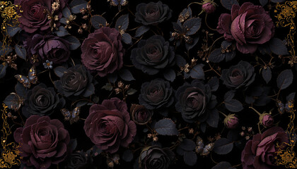 Gothic floral background featuring dark roses with metallic gold elements on a velvety black backdrop