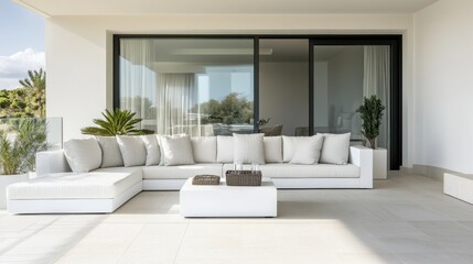 Fototapeta premium Modern minimalist balcony with clean, stylish design. Featuring neutral tones and sleek outdoor furniture