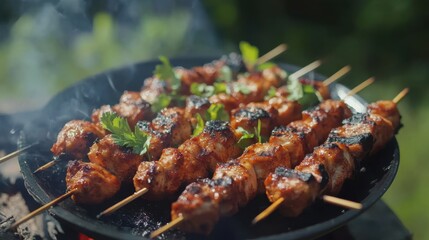 Grilled Chicken Skewers Cooked Over Charcoal with Fresh Herbs, Perfect for Outdoor Barbecues and Summer Gatherings, Deliciously Marinated and Visually Appealing