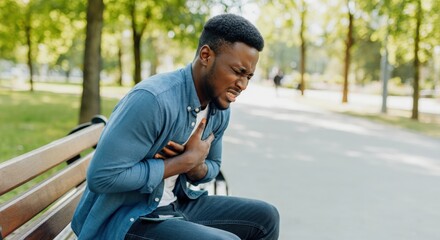 Fototapeta premium Young african male experiencing chest pain in park setting