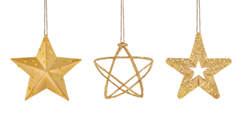 collection of three golden stars on a chain isolated on transparent background