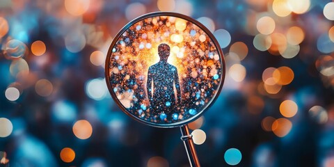 A meticulously crafted magnifying glass highlights a striking digital silhouette of a human figure, symbolizing the quest for individuality among a vibrant crowd of diverse characters and stories