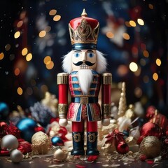 A classic nutcracker in bright red and blue attire, encircled by shimmering holiday ornaments and decorative accents, set against a rich dark backdrop.
