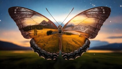 A mesmerizing butterfly with wings blending into a serene landscape of golden fields, mountains, and a glowing sunset sky.