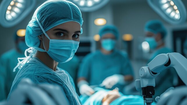 Surgeons in modern operating room execute robotic surgical procedure. Teamwork, precision highlighted. Medical tech advanced. Patient rests on surgical table. High-tech equipment, instruments ensure