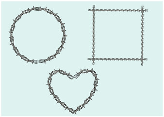 Barbed wire. Razor metallic fencing wire, industrial or prison wire seamless borders vector illustration set. Barb wire protection fencing
