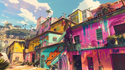 Fototapeta premium A Stunning Ultra HD 7K Vibrant Cityscape Featuring Colorful Murals Perfect for Urban Lifestyle and Travel Promotion