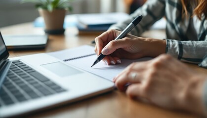 Fototapeta premium Close-Up of Woman Writing in Notebook with Laptop on Office Desk – Planning, Note-Taking, and E-Learning Concept