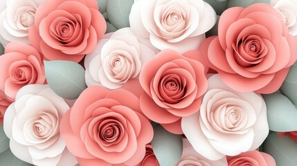 Obraz premium Elegant Pink and White Roses with Soft Green Leaves in Beautiful Floral Arrangement